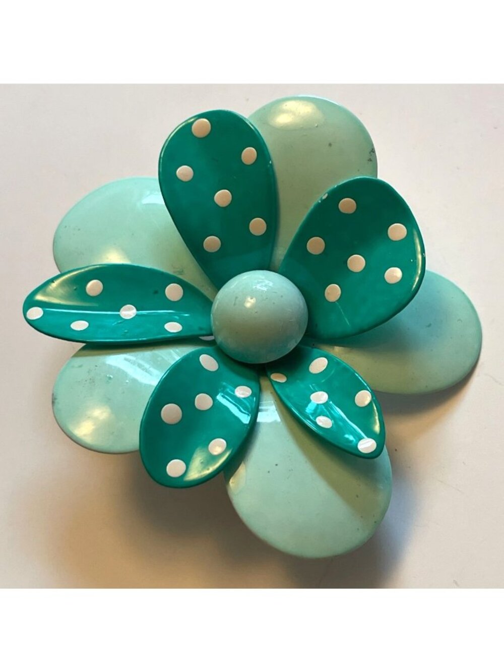 Vtg 60s Flower Power Polka Dot Brooch In Green & Aqua. Retro Statement Pin For S